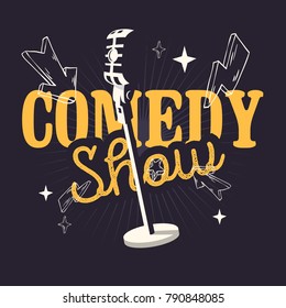 Comedy Show  Design With Old Fashioned Microphone. Vector Graphic