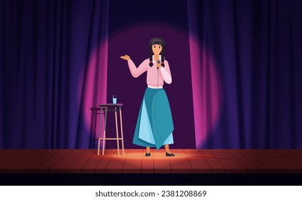 Comedy show of female comedian on stage vector illustration. Cartoon comic girl holding microphone to perform humor jokes in spotlight, public funny stand up performance of young talent woman