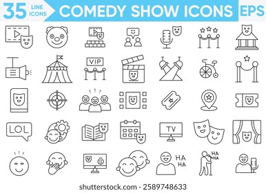 Comedy Show Icon Set.Containing, funny, joke, stand, theater, masks, tragic, tragedy, show, speakers, concert, curtains, comedy, actress, prank, LOL, joke, clown and more.Vector and illustrator set.