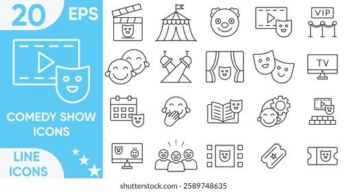 Comedy Show Icon Set.Containing, funny, joke, stand, theater, masks, tragic, tragedy, show, speakers, concert, curtains, comedy, actress, prank, LOL, joke, clown and more.Vector and illustrator set.