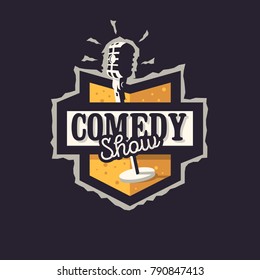 Comedy Show Logo Badge Emblem Design With Old Fashioned Microphone. Vector Graphic