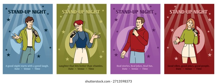 Comedyshow. Monolog auf der Bühne. Künstlerklub. Frau und Mann mit Mikrofon. Humorvolle Darbietung. Witzgeschichten von Rednern. Aktion anzeigen, Flyer für Veranstaltungen. Vektor-Cartoon, flache einzelne Illustration