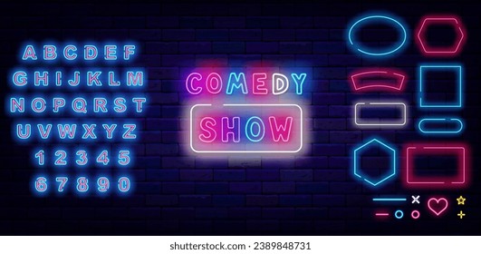 Comedy show neon label. Speech bubbles frames set. Stand up performance advertising for event, party. Shiny pink alphabet. Funny design. Editable stroke. Vector stock illustration