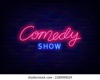 Comedy show neon lettering word. Stand up banner. Comic performance. Pink text. Light sign. Label calligraphy for party. Outer glowing effect poster. Editable stroke. Vector stock illustration