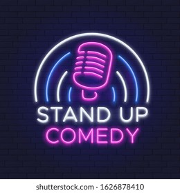 Comedy show neon sign. Retro microphone line design. Standup icon on brick wall vector illustration