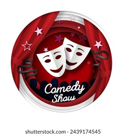 Comedy show paper art style advertising poster. Round frame with origami smiling disguise mask people audience vector illustration. Standup performance promotion emblem