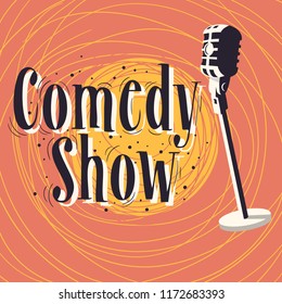 Comedy Show Poster With Microphone Vector Image.