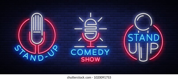 Comedy Show Stand Up An invitation collection of neon signs. Logotype set, Emblem Bright flyer, light poster, neon banner, bright night commercials advertisement, card, postcard. Vector illustration