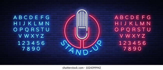 Comedy Show Stand Up invitation is a neon sign. Logo, Emblem Bright flyer, light poster, neon banner, night commercials advertisement, card, postcard. Vector illustration. Editing text neon sign