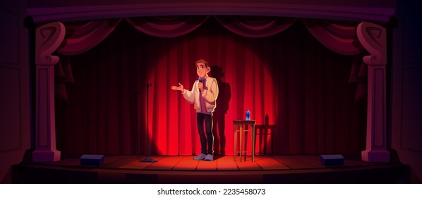 Comedy show, stand up, open mic comedian on stage. Spotlighted comic man with microphone joking at standup amusement club scene. Humorous entertainment night concert, Cartoon vector illustration