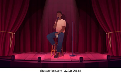 Muestra de comedia, levántate, evento de micrófono abierto con comediante en el escenario con ilustración vectorial de cortinas rojas. Joven caricaturista con micrófono sentado en un taburete, persona cómica haciendo monólogo del humor