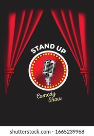 Comedy show theater scene with red curtains vector realistic illustration. Stand up comedy event poster.