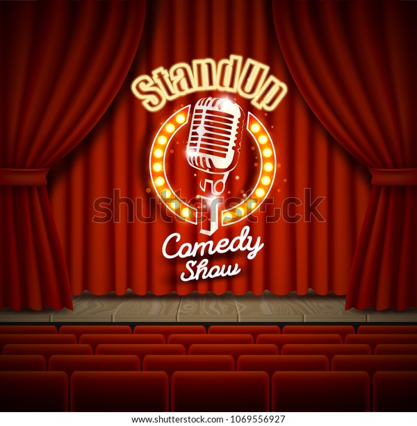 Comedy show theater scene\
with red curtains vector realistic illustration. Stand up comedy\
event poster.