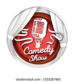 Comedy show, vector illustration in paper art modern craft style. Paper cut white theatre scene curtains and microphone silhouette, text, ribbons in circle.