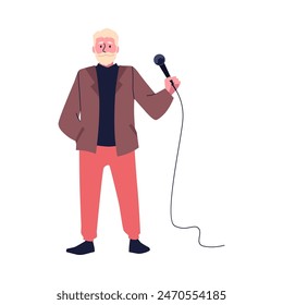 Comedy show. Vector illustration of a stand-up comedian with a microphone entertaining the audience with stories and jokes. Elderly character in flat style on isolated background.