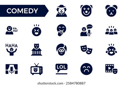 Comedy solid icon set. Containing laugh, funny, joke, stand-up, prank, lol, joke, clown and laughing. Solid vector icons collection.