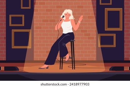 Comedy speech presentation of female talent comedian on stage. Girl sitting on wooden stool in spotlight, young artist holding microphone to tell jokes and humor story cartoon vector illustration