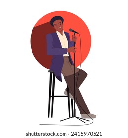 Comedy stand up show with man sitting on stool with microphone to tell jokes. Talent male comedian telling funny story in spotlight circle, standup concert in night club cartoon vector illustration