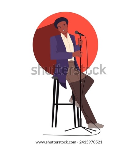 Comedy stand up show with man sitting on stool with microphone to tell jokes. Talent male comedian telling funny story in spotlight circle, standup concert in night club cartoon vector illustration