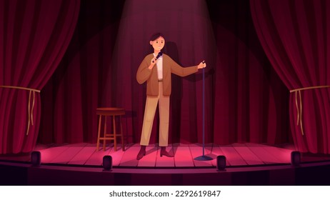 Paro de comedia con ilustraciones vectoriales de comediante femenina de talento. Joven caricaturista parado con micrófono en el escenario con cortinas rojas para contar historias divertidas, concierto en discoteca