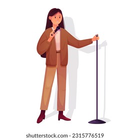 Comedy stand up show with talent female comedian vector illustration. Cartoon young woman standing with microphone isolated on white background to tell funny story, standup concert in night club