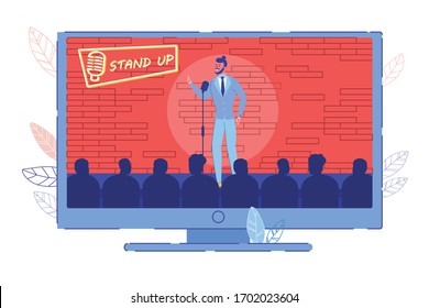 Comedy Stand Up TV Show Program Broadcasting on TV-Set. Comedian Performing on Stage Talking in Microphone front of Audience. Humor Monolog Presentation. TV-Set Monitor Design. Vector Illustration