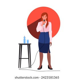 Comedy standup show with elegant female comedian on theater stage in spotlight red circle. Young woman standing with microphone to tell modern comic story to audience cartoon vector illustration