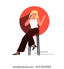 Comedy standup show, girl with microphone jokes on theater stage in spotlight red circle. Young woman sitting on chair and waving hand at open mic, telling humor story cartoon vector illustration