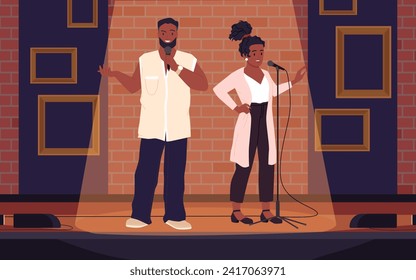 Comedy standup show with male and female comedians. Two talent artists standing on theater stage in spotlight with brick wall, people holding microphones for jokes contest cartoon vector illustration