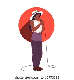 Comedy standup show with talent girl jokes on theater stage in spotlight red circle. Female comedian in hat standing with microphone at humor concert in night club cartoon vector illustration