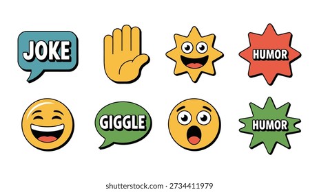 Comedy sticker vector icons with joke text badge, waving hand, surprised face, speech bubbles, humor labels for playful social media