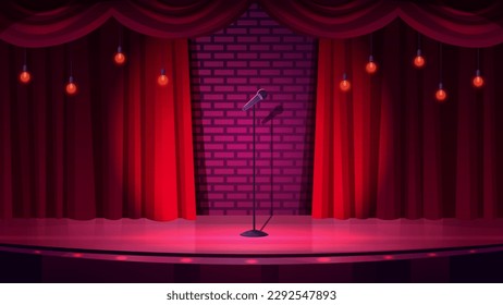 Comedy theater empty stage vector illustration. Cartoon concert or standup live performance presentation scene with retro red curtains drape on brick wall, microphone on stand and hanging lights