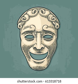 Comedy Theater Mask. Vector Engraving Vintage Black And Beige Illustration. Isolated On Turquoise Background.