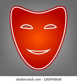 Comedy theatrical masks. Flat red icon with linear white icon with gray shadow at grayish background. Illustration.