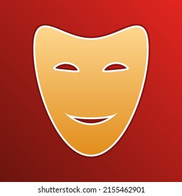 Comedy theatrical masks. Golden gradient Icon with contours on redish Background. Illustration.