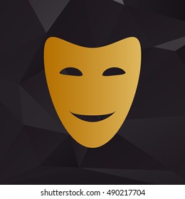 Comedy theatrical masks. Golden style on background with polygons.