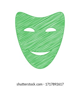 Mascarillas teatrales de comedia. Ícono de garabato verde con contorno sólido sobre fondo blanco.  Ilustración.