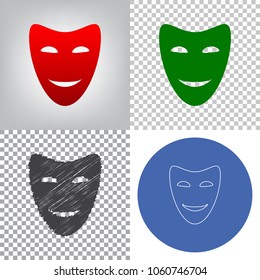 Comedy theatrical masks. Vector. 4 styles. Red gradient in radial lighted background, green flat and gray scribble icons on transparent and linear one in blue circle.