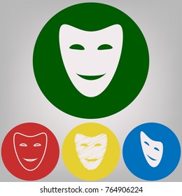 Comedy theatrical masks. Vector. 4 white styles of icon at 4 colored circles on light gray background.