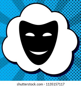 Comedy theatrical masks. Vector. Black icon in bubble on blue pop-art background with rays.