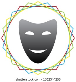 Comedy theatrical masks. Vector. Black icon with patch of light inside colorful hexagonal frames at white background.