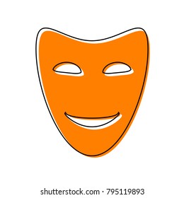 Comedy theatrical masks. Vector. Black line icon with shifted flat orange filled icon on white background. Isolated.