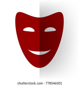 Comedy theatrical masks. Vector. Bordo icon on white bending paper background.