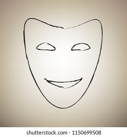 Comedy theatrical masks. Vector. Brush drawed black icon at light brown background.