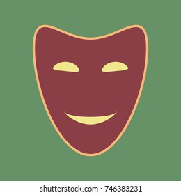 Comedy theatrical masks. Vector. Cordovan icon and mellow apricot halo with light khaki filled space at russian green background.