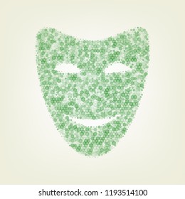 Comedy theatrical masks. Vector. Green hexagon rastered icon and noised opacity and size at light green background with central light.