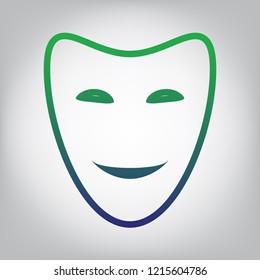 Comedy theatrical masks. Vector. Green to blue gradient contour icon at grayish background with light in center.
