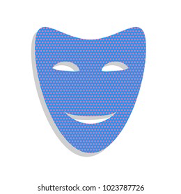 Comedy theatrical masks. Vector. Neon blue icon with cyclamen polka dots pattern with light gray shadow on white background. Isolated.