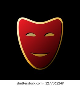 Comedy theatrical masks. Vector. Red icon with small black and limitless shadows at golden sticker on black background.