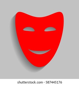 Comedy theatrical masks. Vector. Red icon with soft shadow on gray background.